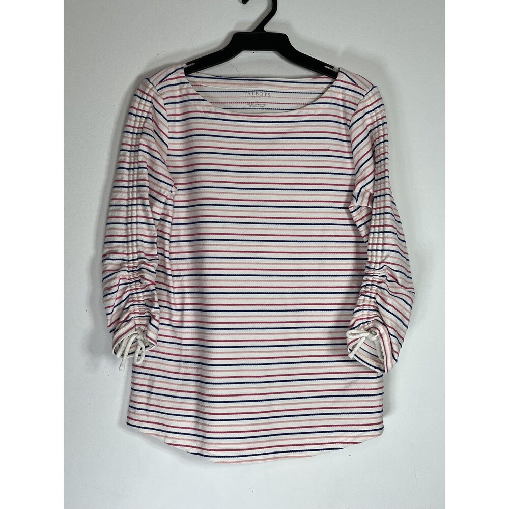Talbots Petite Small Multi Color Stripes Ruched 3/4 sleeve top blouse